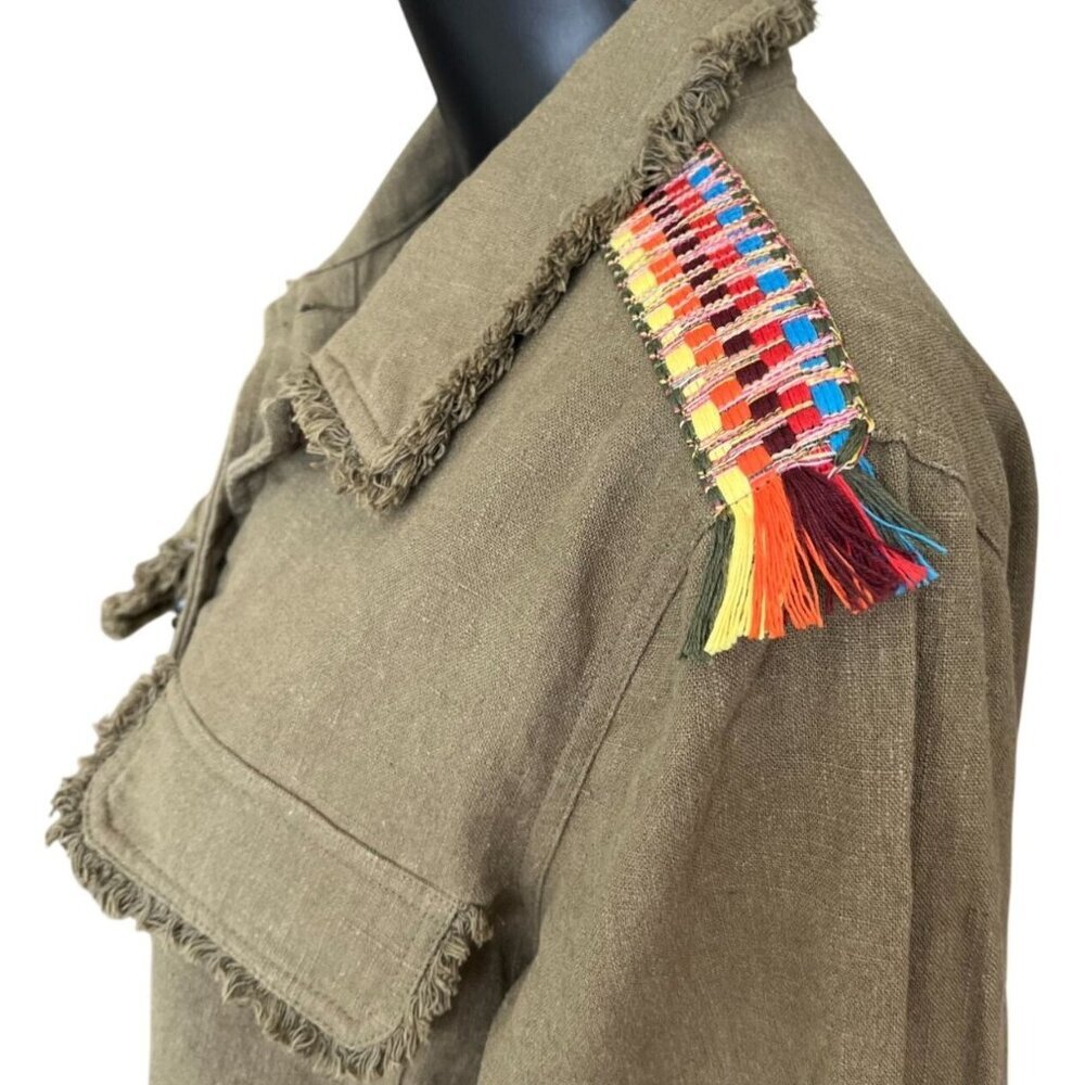 Moon River Anthropologie Olive Embroidered Fringe Utility Jacket Boho Safari M - Picture 4 of 7